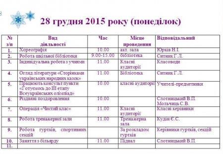 План роботи Володимирецького районного колегіуму на зимові канікули  2015-2016 н.р.