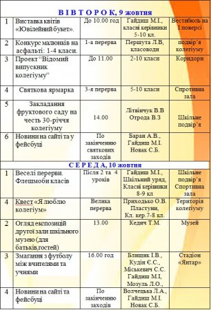 План заходів на ювілейний тиждень