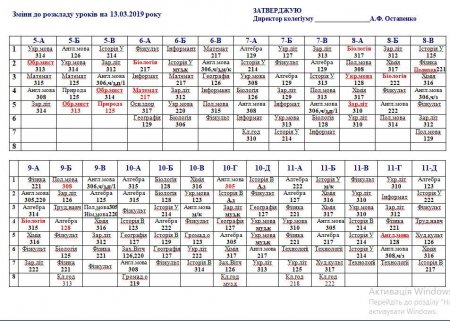 Зміни до розкладу на 13 березня 2019 року для учнів 5-11 класів