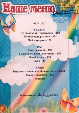 Наше меню на 02.04. 20