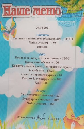 Меню на 29.04.2021 року