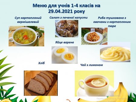 Меню для учнів 1-4 класів на 29.04.2021 року