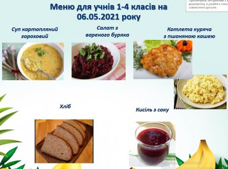 Меню на 06.06.2021 року для учнів 1-4 класів