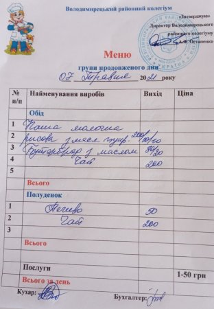 Меню для учнів групи продовженого дня на 07.05.2021 року