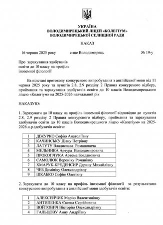 Наказ про зарахування здобувачів освіти до 10 класу на профіль іноземної філології