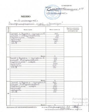 Меню на 13.11.2025 року