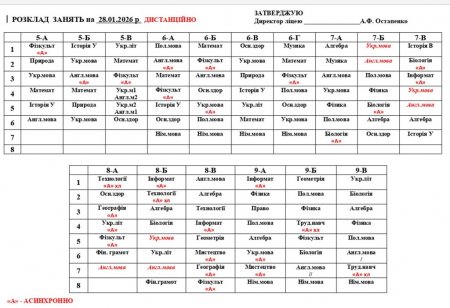 Розклад навчальних занять 1-11 класів на 28.01.26
