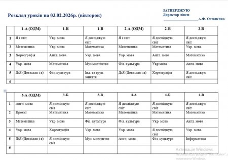 Розклад навчальних занять 1-11 класи на 03.02.26