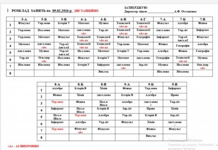 Розклад навчальних занять 1-11 класів  на 09.02.26