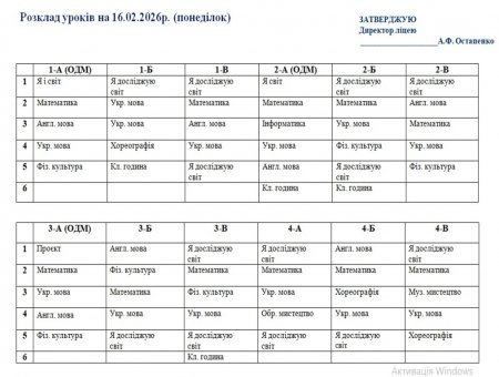 Розклад навчальних занять на 16.02.2026 року