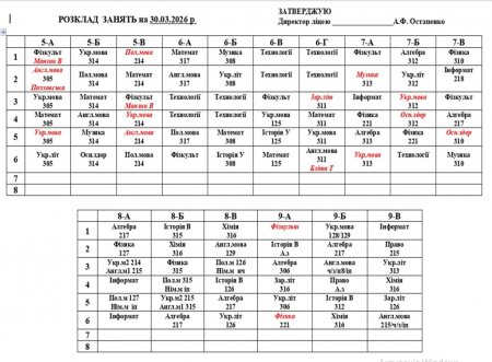 Розклад навчальних занять для унчів 1-11 класів на 30.03.2026 року